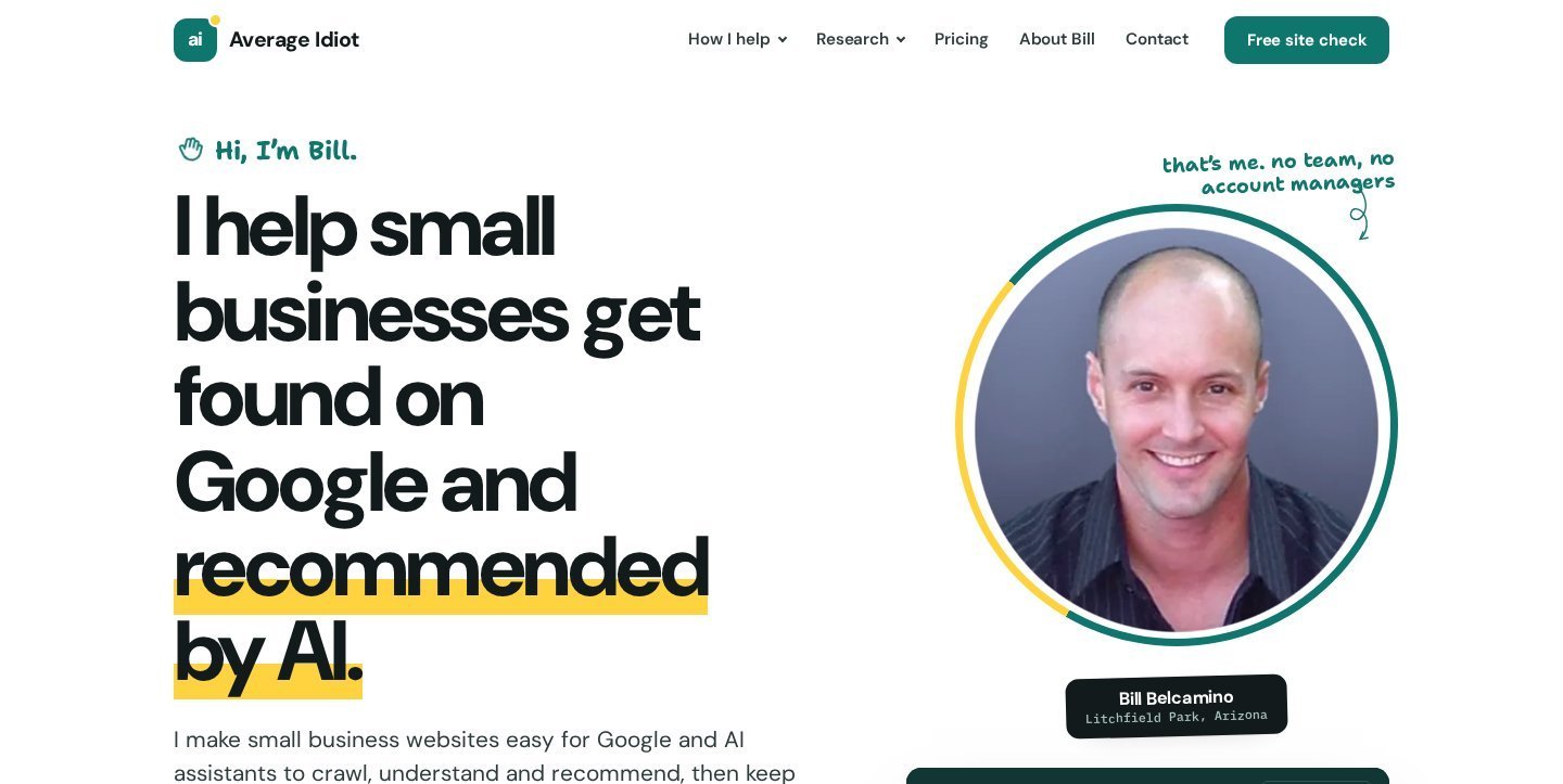 Homepage of averageidiot.com, Bill Belcamino's search and AI-visibility consulting site