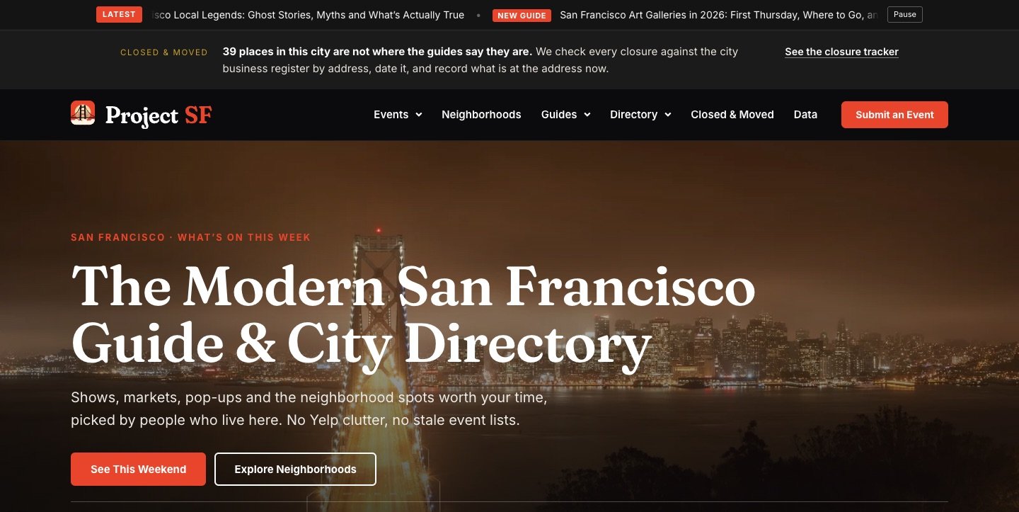 Homepage of projectsf.com, an independent San Francisco guide and city directory