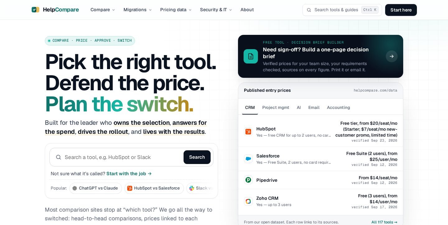 Homepage of helpcompare.com, an independent database of SaaS pricing and switching costs