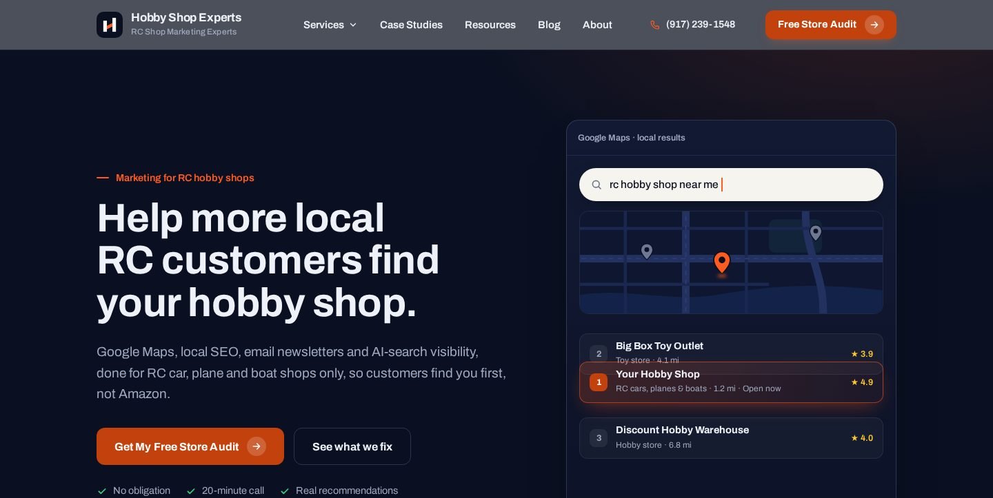 Homepage of hobbyshopexperts.com, marketing and local SEO for RC hobby shops